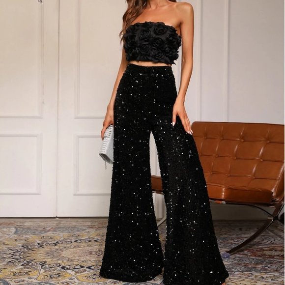 Black Womens Tube Top & Sequin Pants Set - Picture 3 of 4